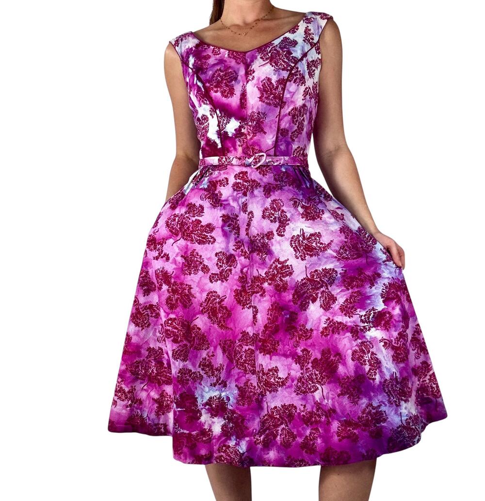 Vintage 1950s Fit & Flare Floral Dress Pink Purple Ice Dye Reworked Cotton Small